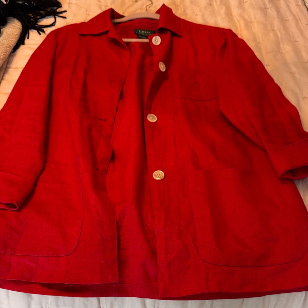 Lauren Ralph Lauren Bright Red Linen-Blend Button top
